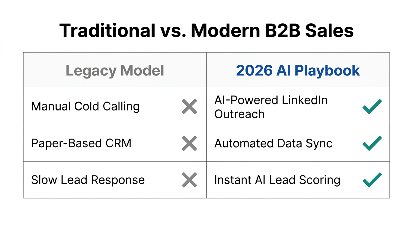 Comparison of legacy sales methods versus AI-driven 2026 workflows.
