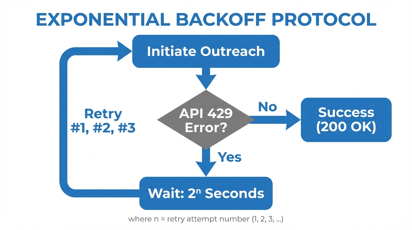 Technical flowchart showing how exponential backoff prevents account flags.