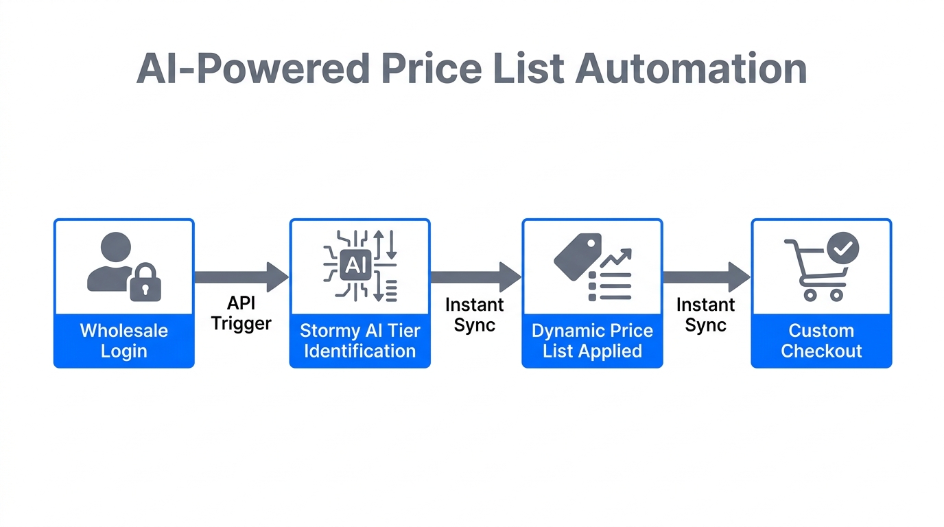 Workflow for automated custom price list assignment on BigCommerce.