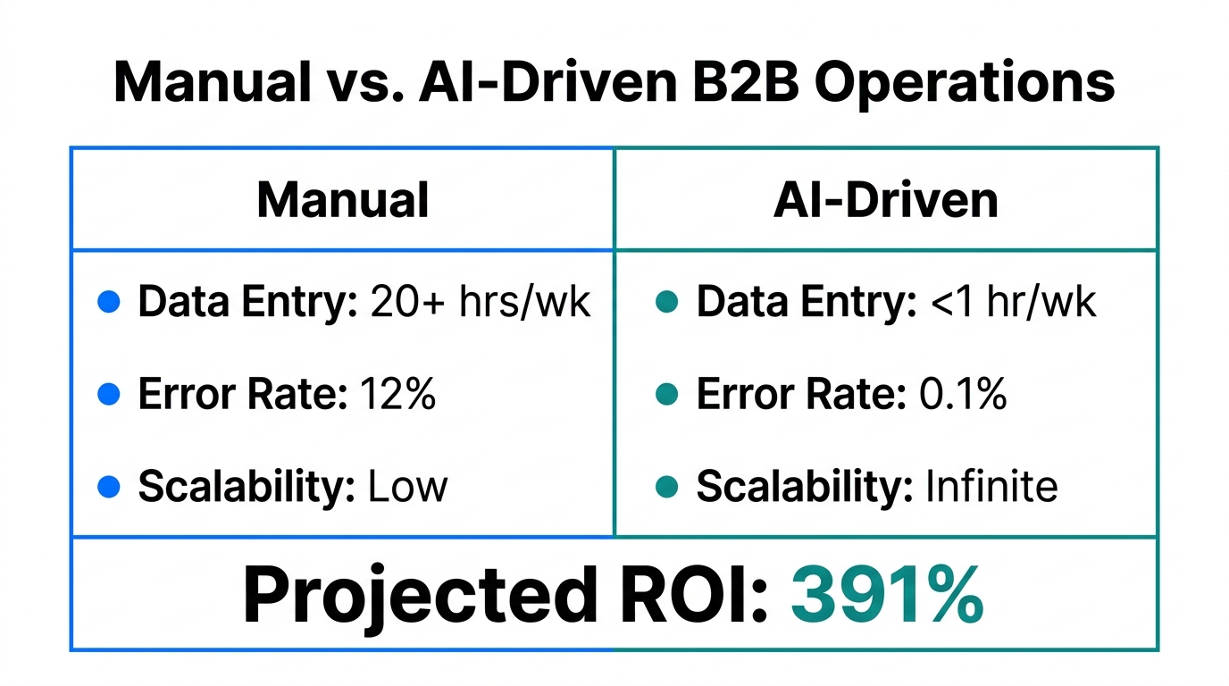 Efficiency comparison showing 391% ROI through AI-driven wholesale automation.
