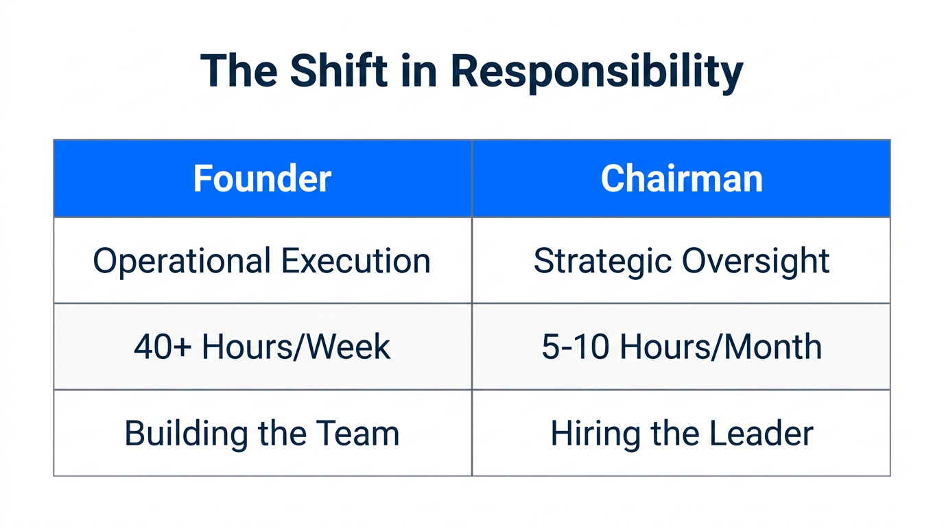 Comparison of daily duties between a business founder and chairman.