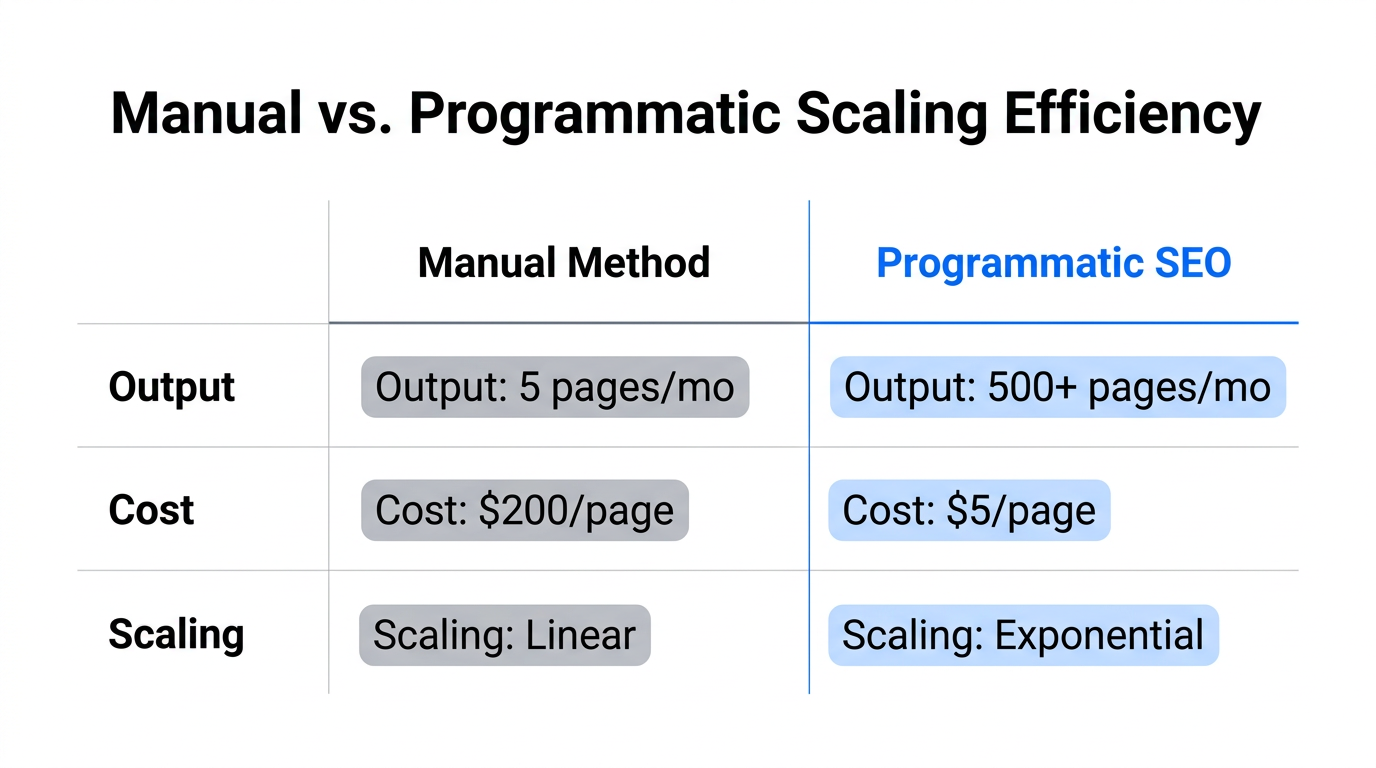 Efficiency comparison between manual content creation and programmatic scaling.