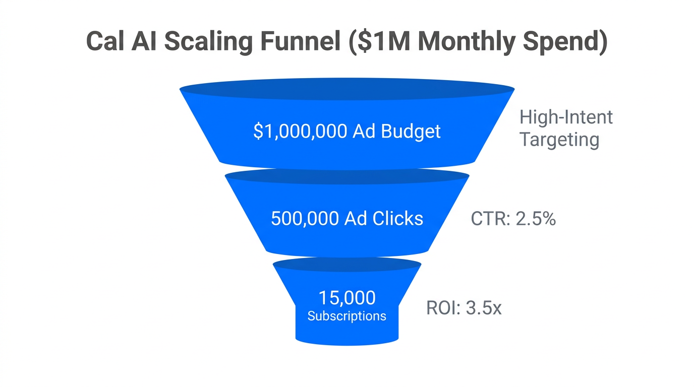 Performance marketing funnel showing conversion metrics for $1M monthly ad spend.