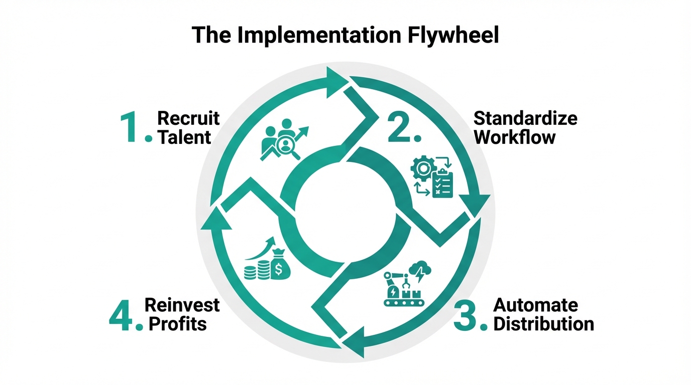 The four-stage implementation flywheel for sustained agency growth.