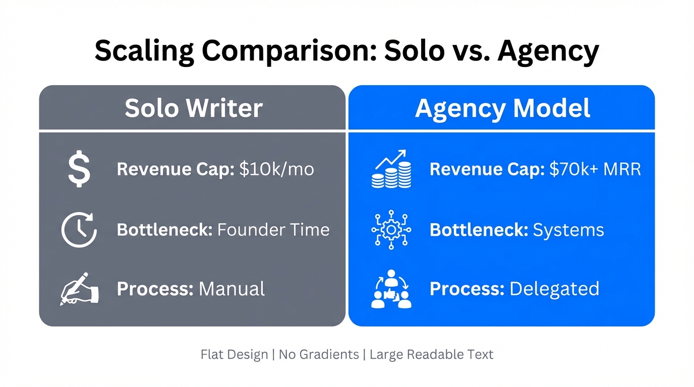 Comparison of solo writer constraints versus agency scaling potential.