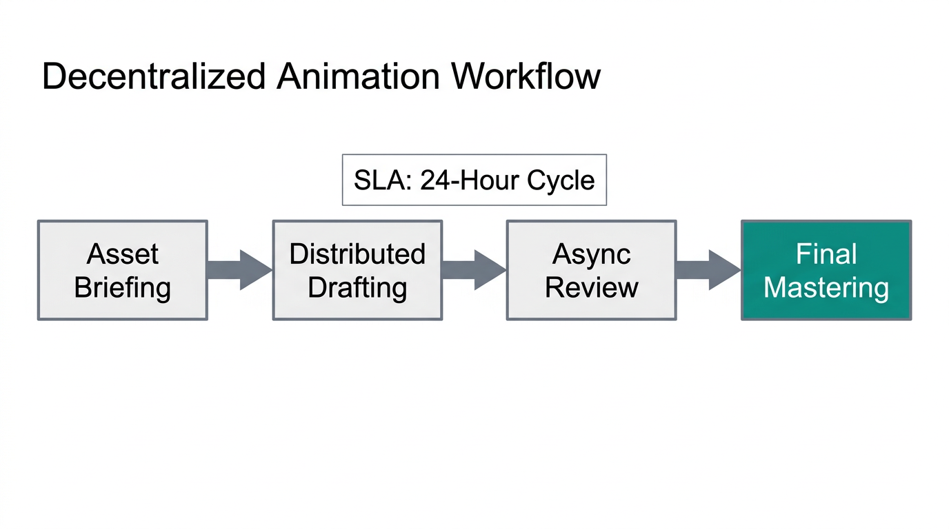 Workflow stages for decentralized offshore animation production.