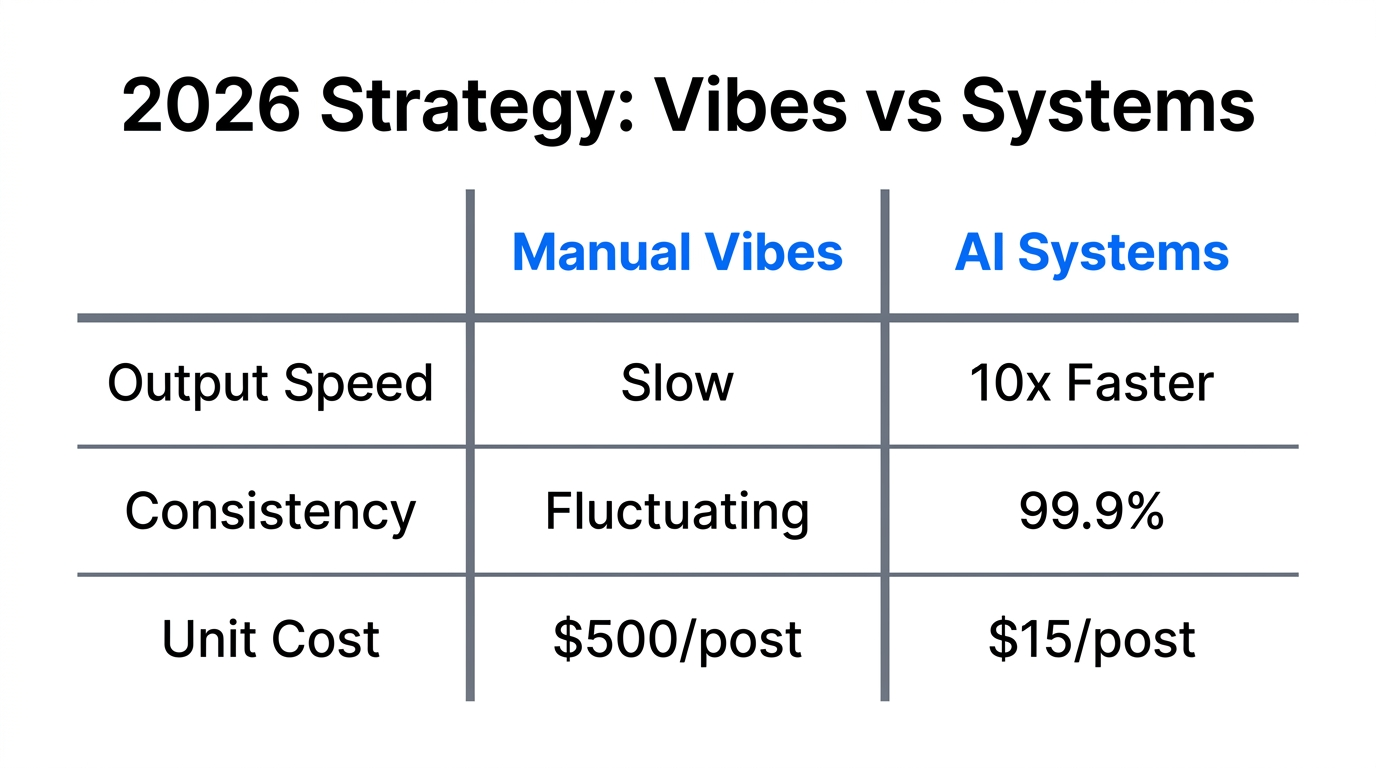 Comparison of manual content creation versus AI-driven systematic production.