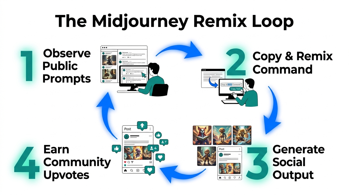 The four-step social learning loop that drives Midjourney's growth.