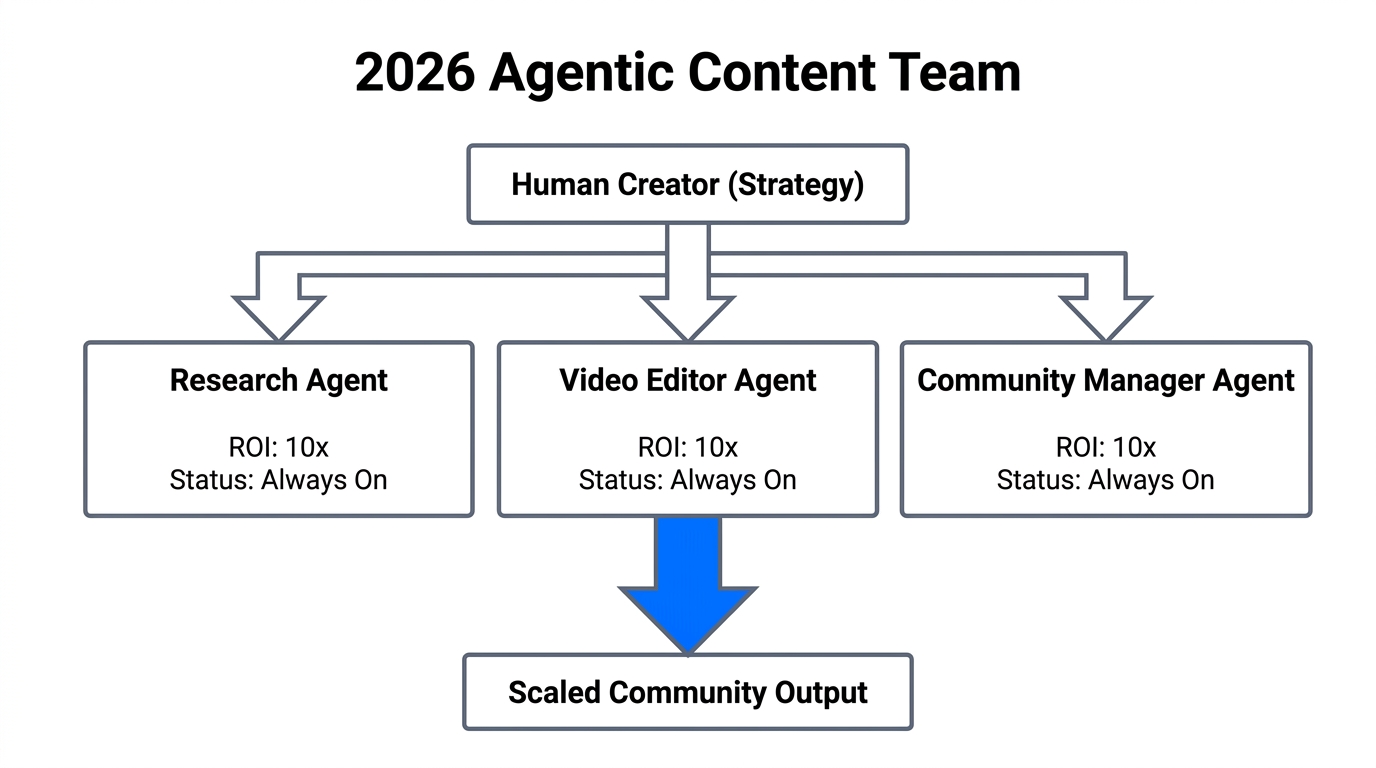 Workflow diagram showing how AI agents scale a creator's output.