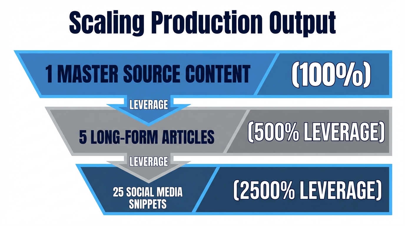 Funnel showing content multiplication through AI-driven automation pipelines.