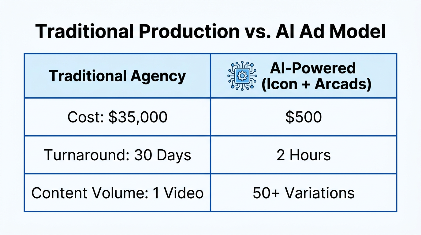 Cost and output comparison: traditional production vs. AI automation.