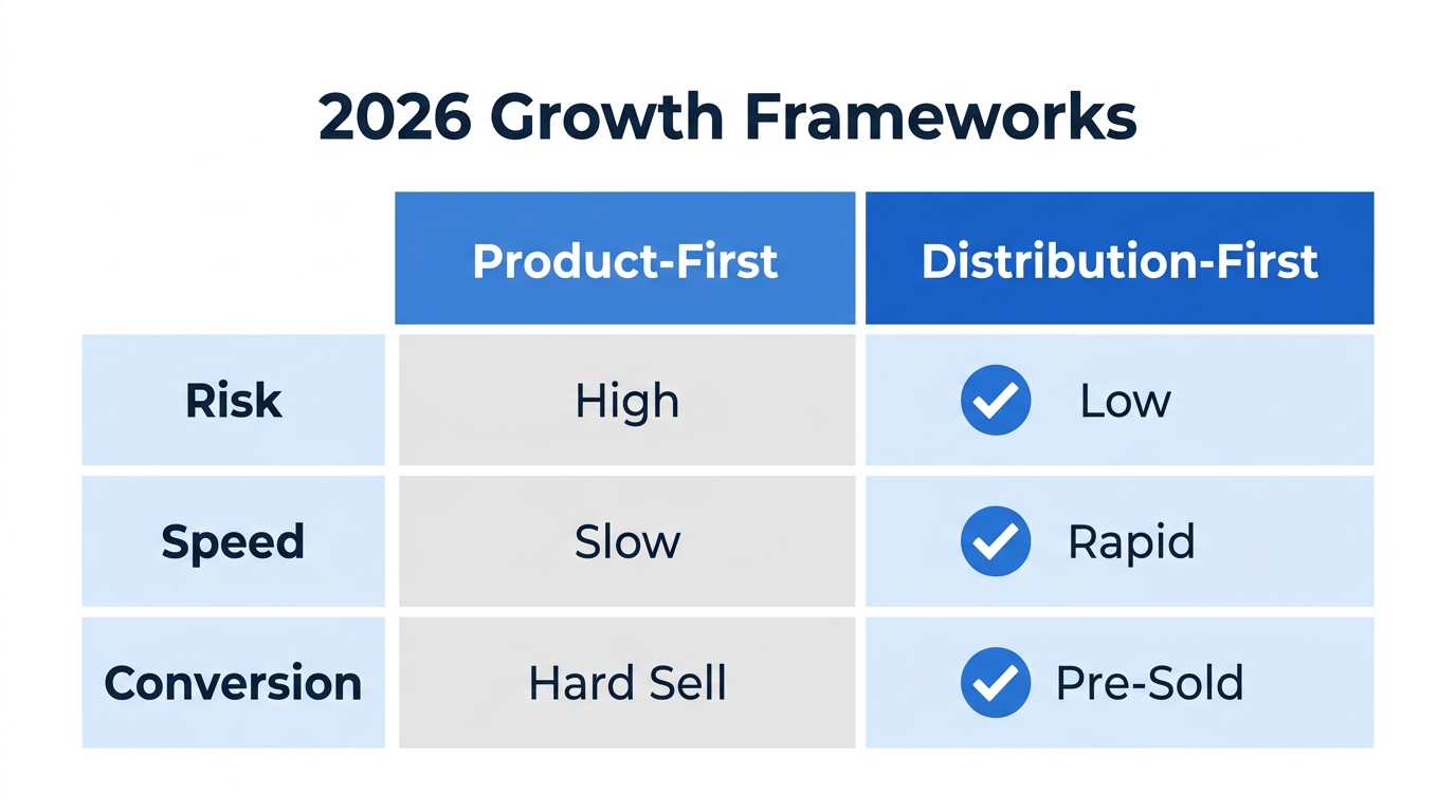 Comparison between product-centric and distribution-first growth strategies.