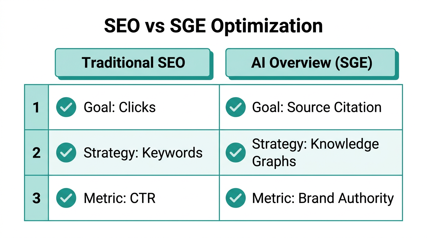 Comparison of traditional SEO goals versus modern AI overview optimization.
