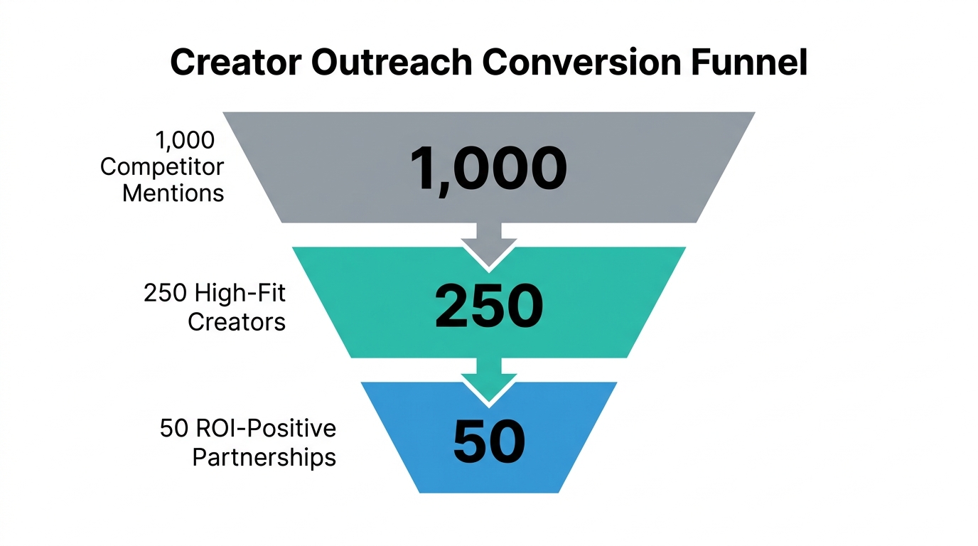 The conversion funnel from competitor discovery to signed creator deals.