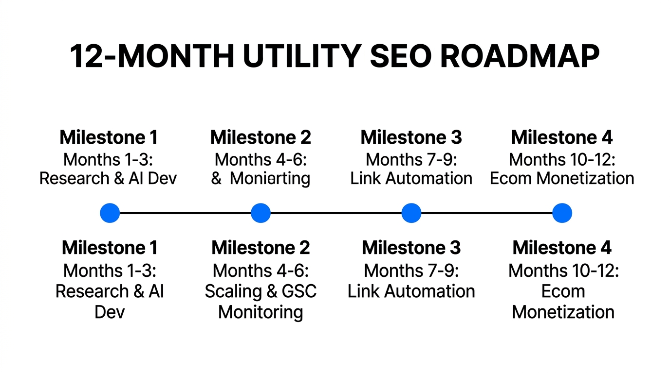 Phased timeline for building and scaling a utility-based SEO site