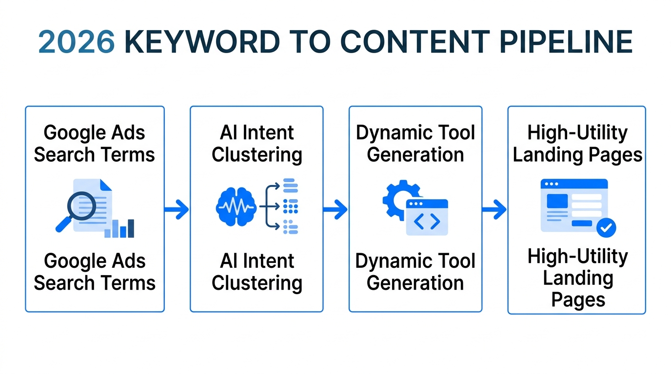 Workflow for converting Google Ads data into AI-generated utility pages