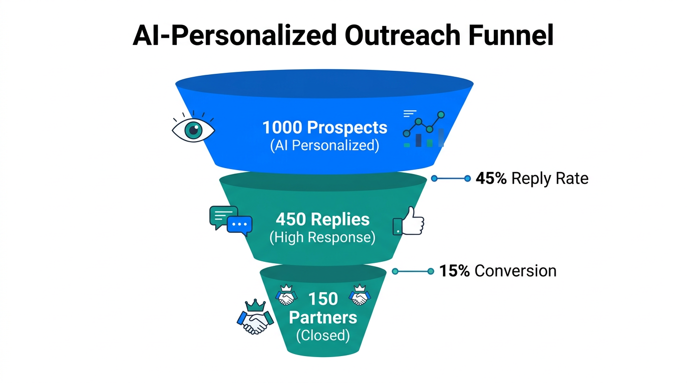 Efficiency funnel showing conversion rates of AI-personalized influencer outreach.