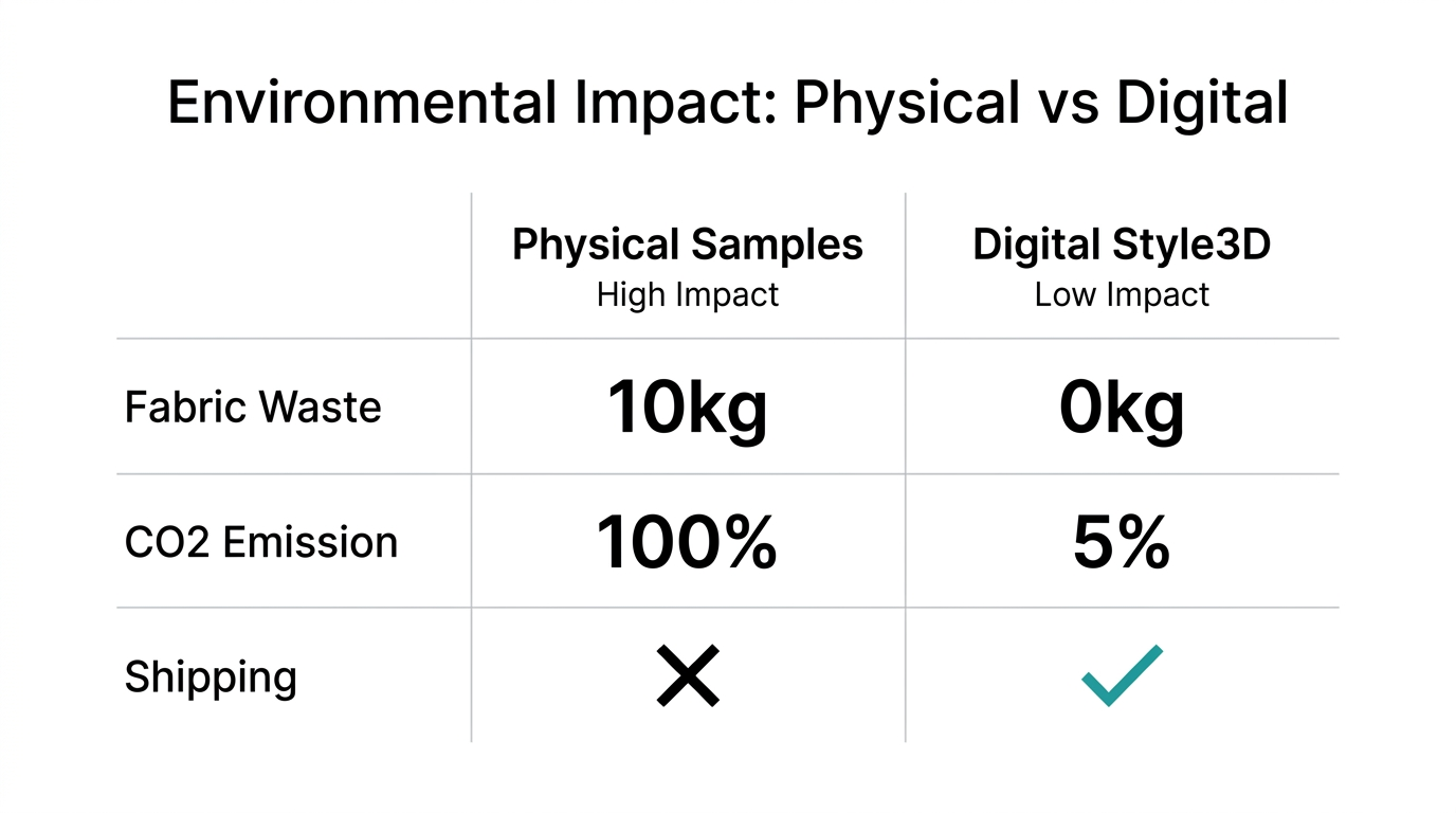 Sustainability comparison showing the environmental benefits of digital fashion samples.
