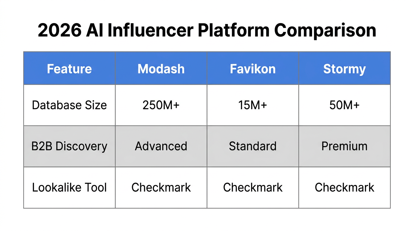 Comparison table of key features across Modash, Favikon, and Stormy AI.
