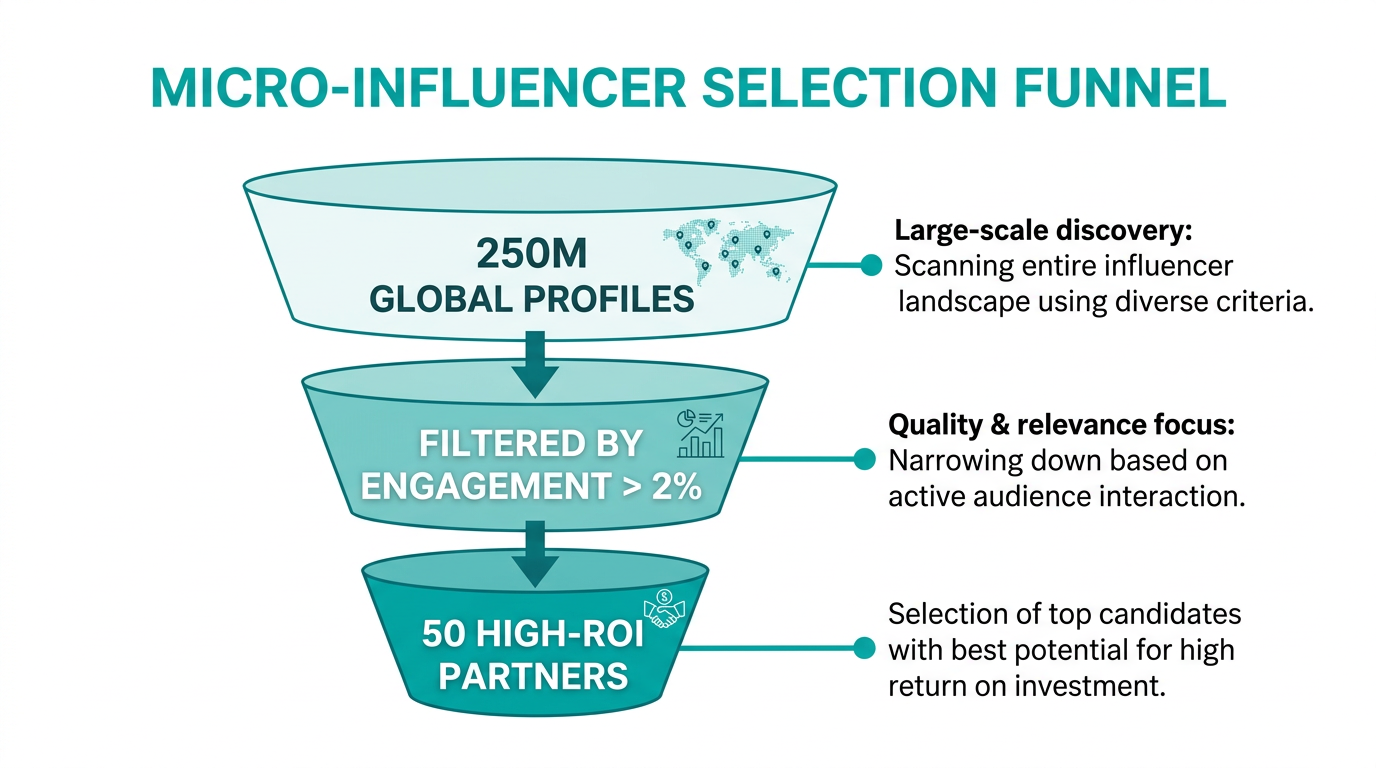 Funnel showing the selection process from a global database to partners.