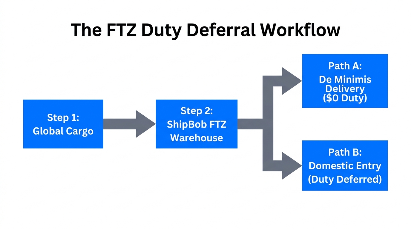 Workflow of duty deferral and savings using ShipBob FTZ warehouses.