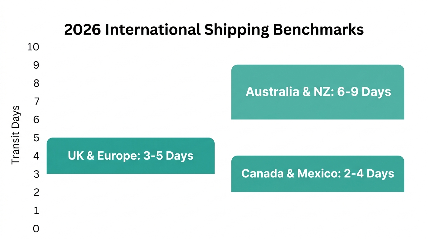 Projected international transit time benchmarks for major global regions.