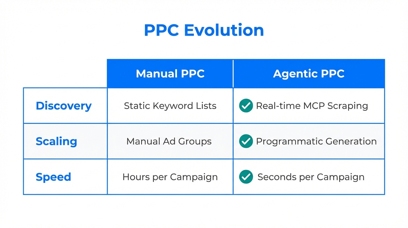 Comparing traditional manual PPC workflows with AI-driven agentic automation.