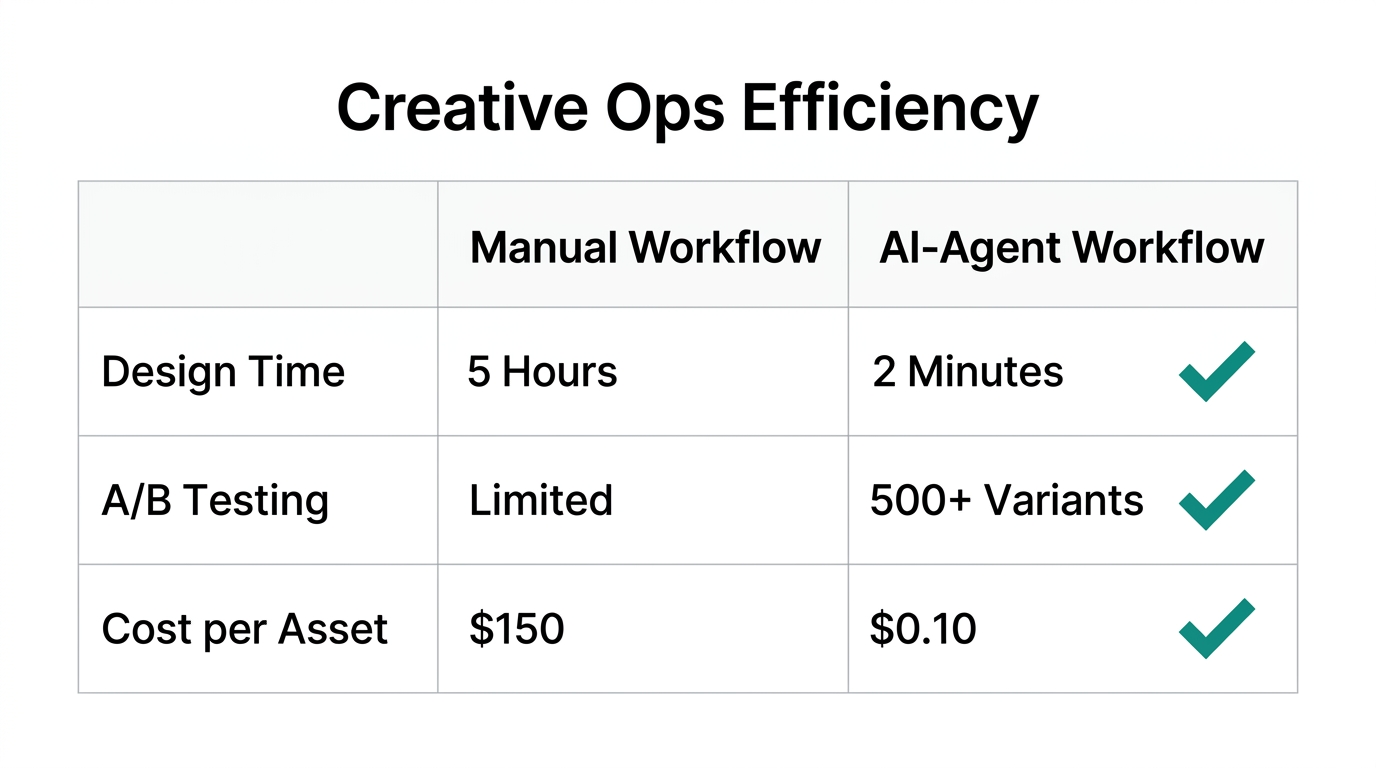 Efficiency comparison between manual workflows and AI-agent creative operations.