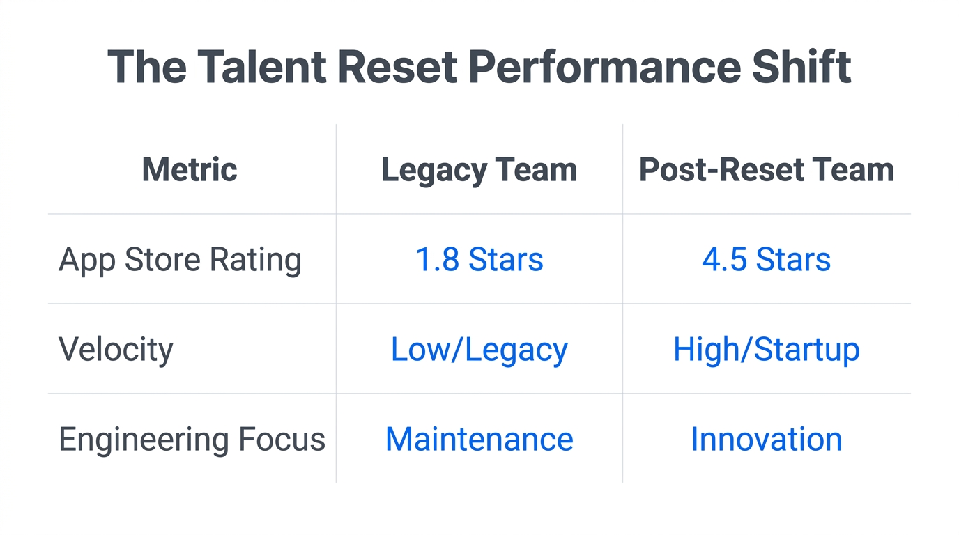 Comparison of organizational performance before and after the 70% talent reset.