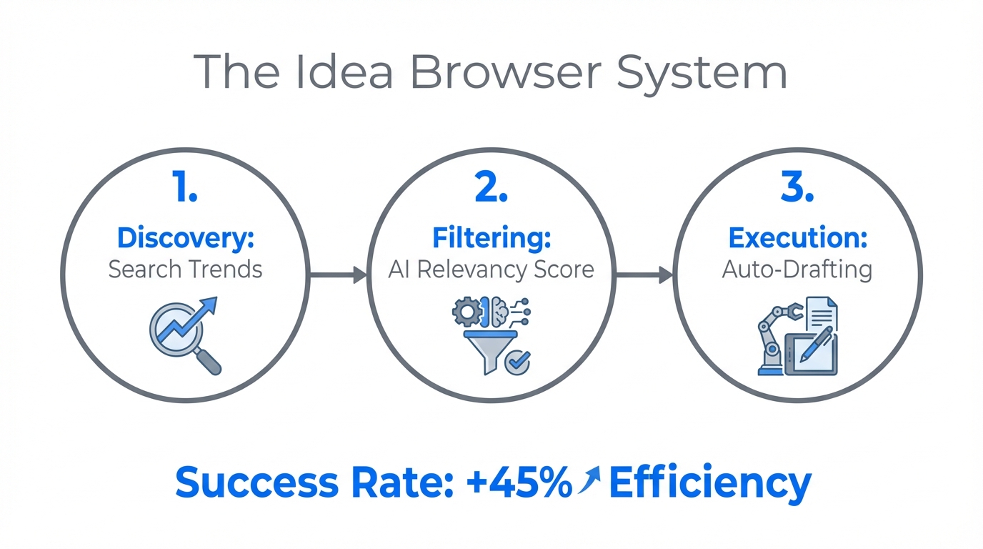 Three-step automated process for converting trends into content ideas.