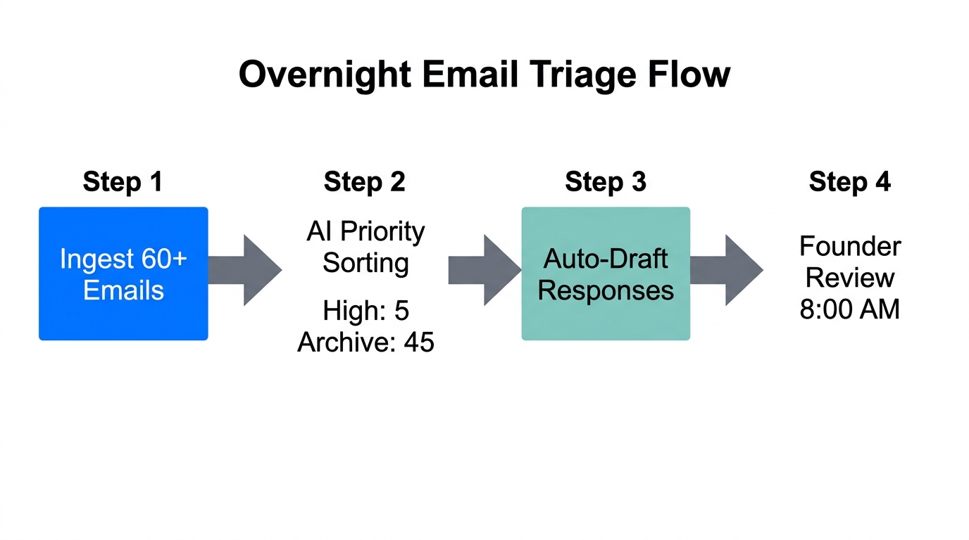 Step-by-step automated email triage workflow from inbox to executive review.