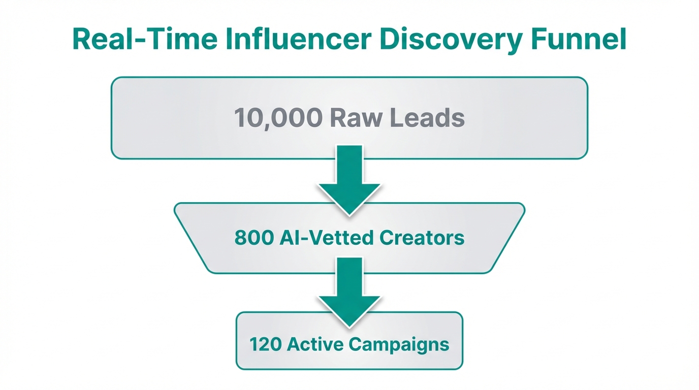 Conversion funnel from raw lead discovery to active influencer partnerships.