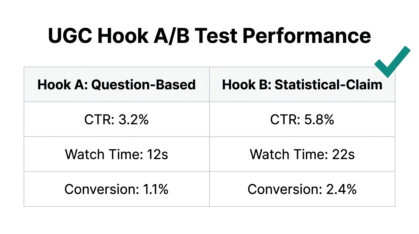 Comparative performance data for UGC hook A/B testing