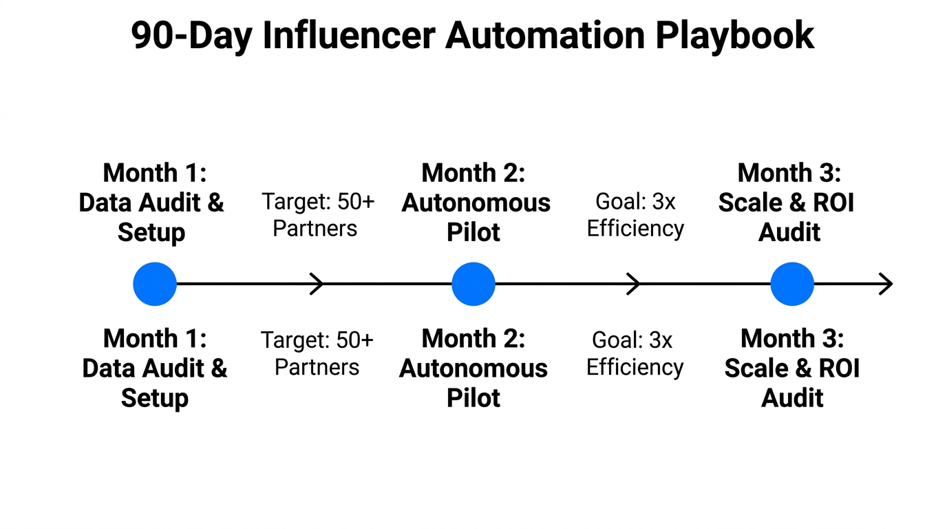 Step-by-step 90-day roadmap for implementing influencer automation.