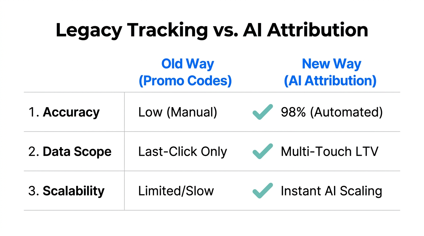 Efficiency differences between legacy promo codes and modern AI-driven attribution.