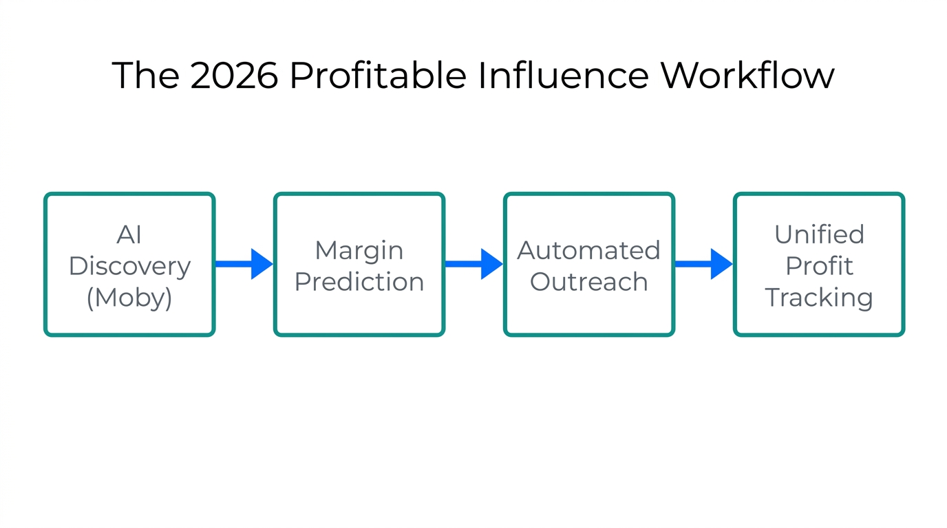 The end-to-end influencer marketing workflow from discovery to profit analysis.