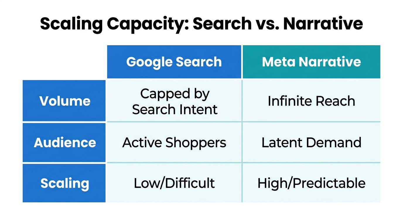 Comparison of scaling limits between search intent and narrative-driven ads.