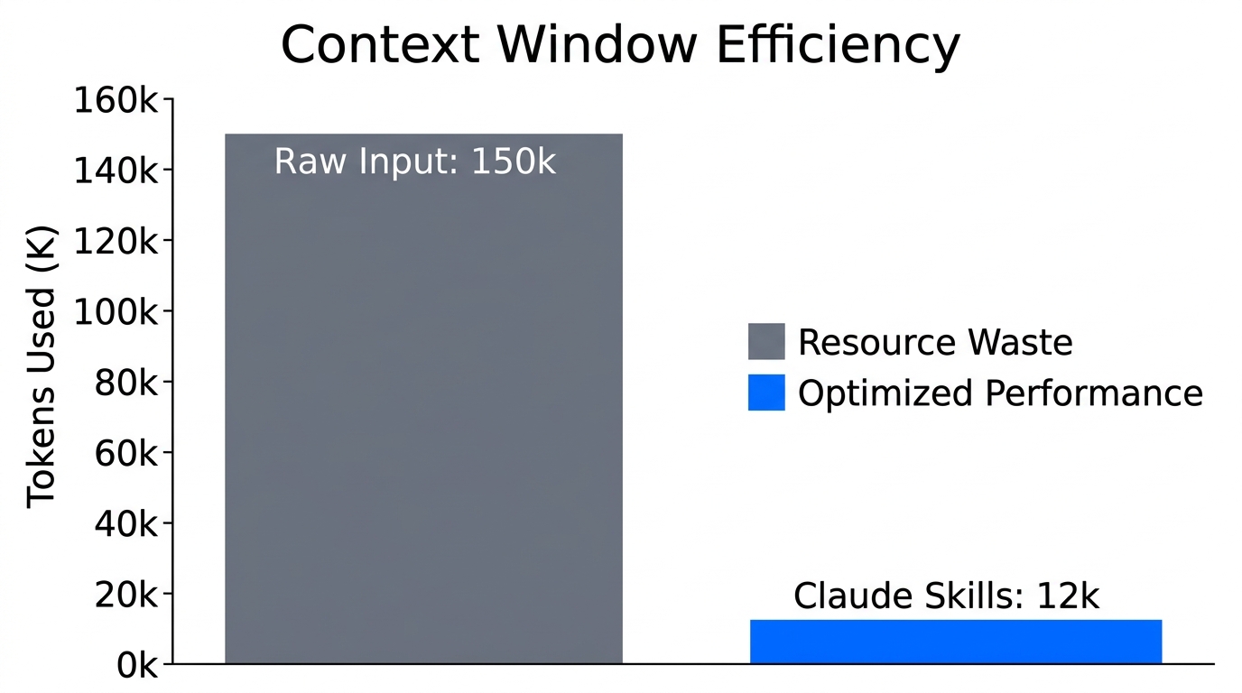 Comparison of token consumption efficiency between raw prompting and custom skills.