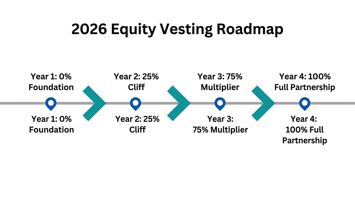 Standard multi-founder equity vesting schedule for 2026 partnerships.
