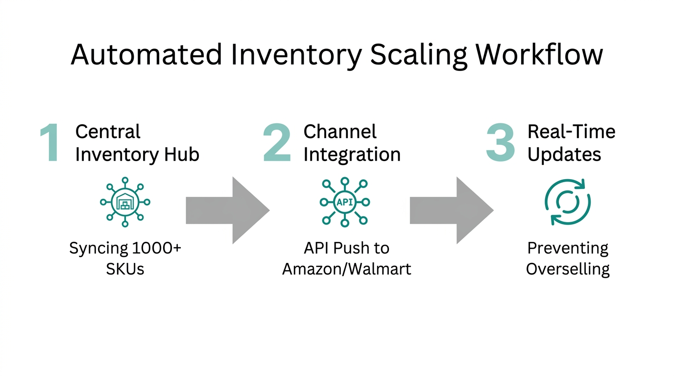 Three-step workflow for managing inventory across multiple sales channels.