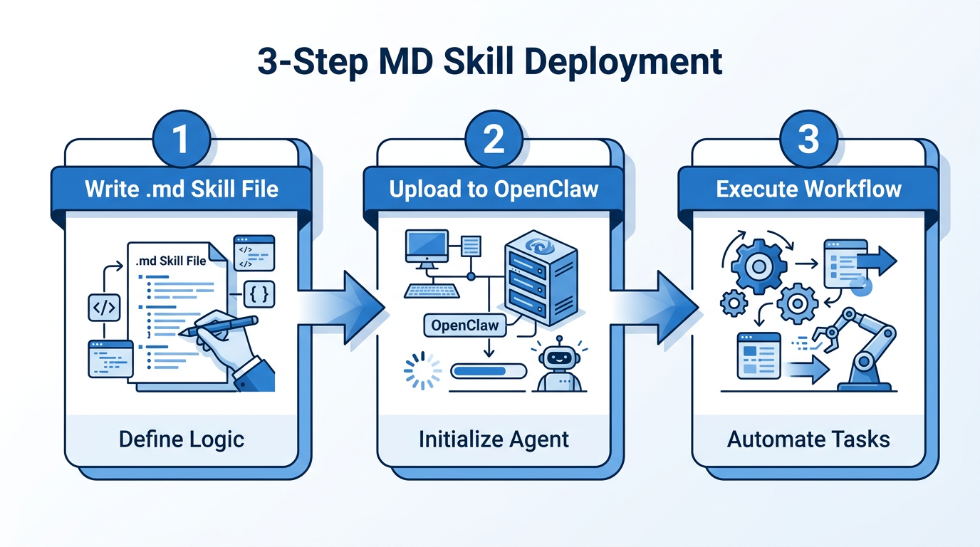 Three-step workflow for deploying markdown-based automation skill files.