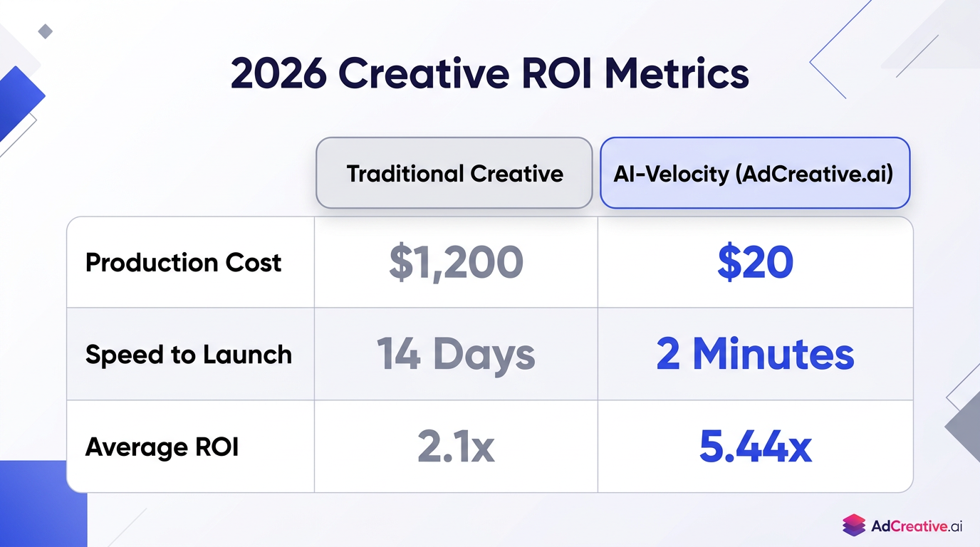 Comparison of traditional creative costs versus AI-driven ROI in 2026.