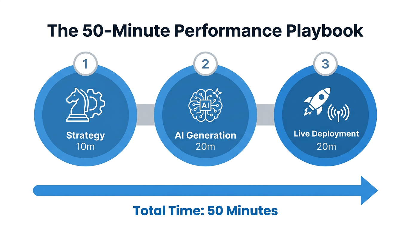 Timeline breakdown of the 50-minute performance marketing playbook.