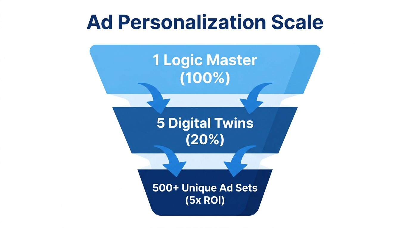 Funnel showing the transition from master logic to mass-personalized ad sets.