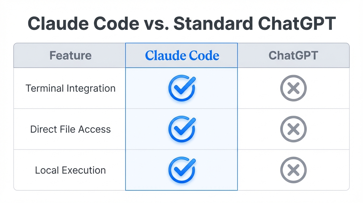 Technical feature comparison between Claude Code and standard LLM interfaces.