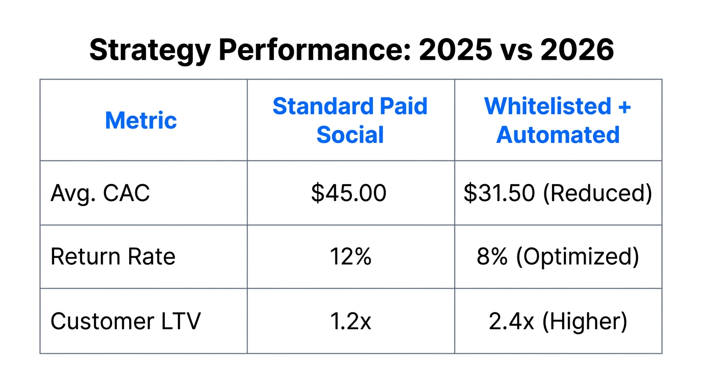 Comparison of key metrics between standard ads and whitelisting strategies.