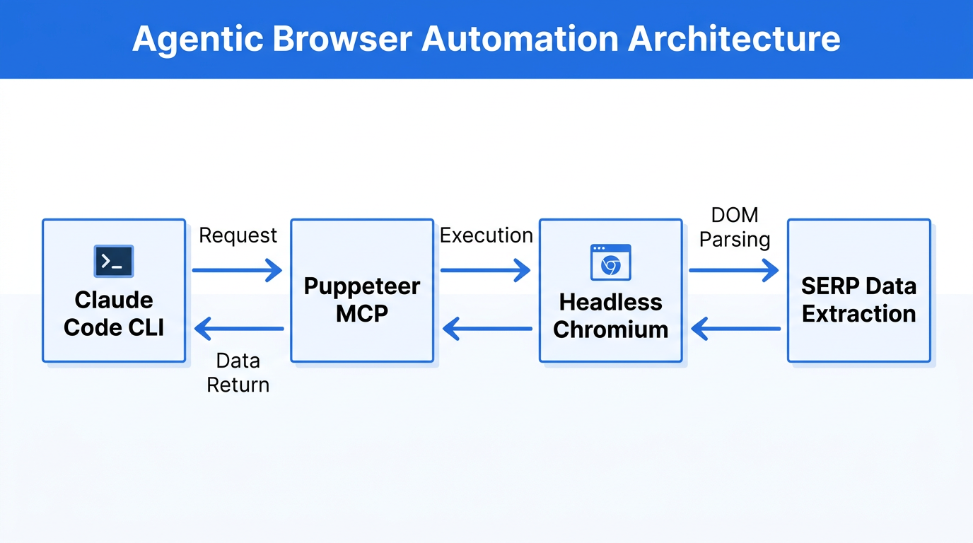 How Claude Code communicates with Puppeteer to scrape live search data.