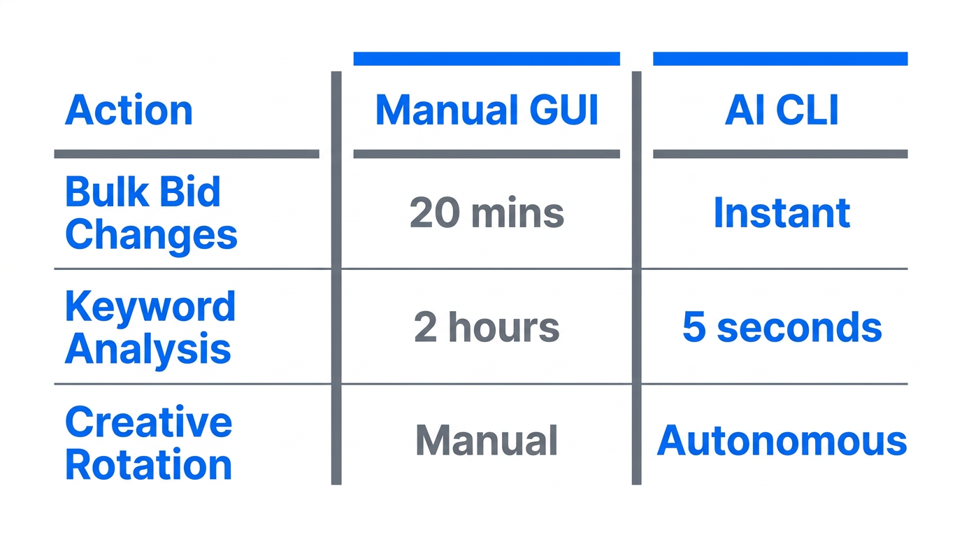 Comparison of task execution speed between manual GUI and AI CLI.