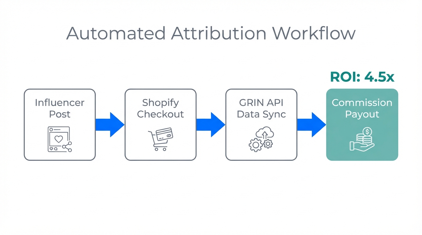 Workflow showing how GRIN integrates with Shopify to automate sales attribution.
