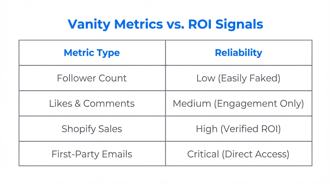 Comparison of surface-level vanity metrics versus high-value first-party ROI signals.